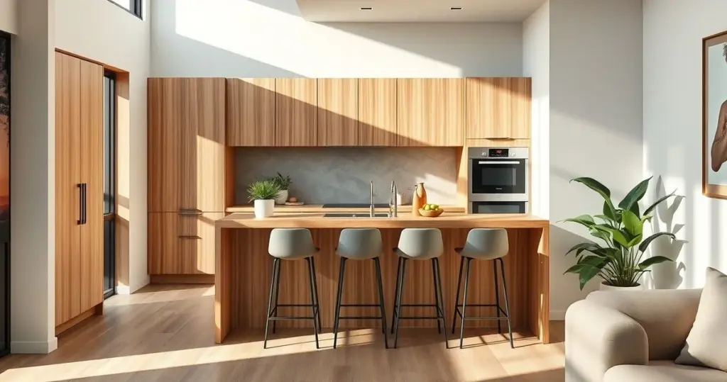 Foto realista de uma cozinha compacta integrada à sala de estar