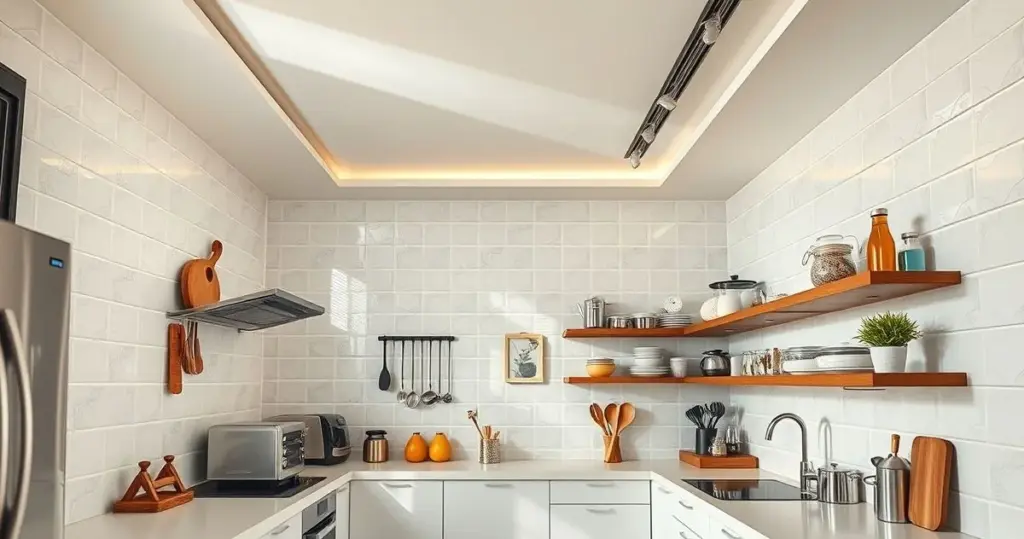 cozinha pequena com sanca de gesso e spots