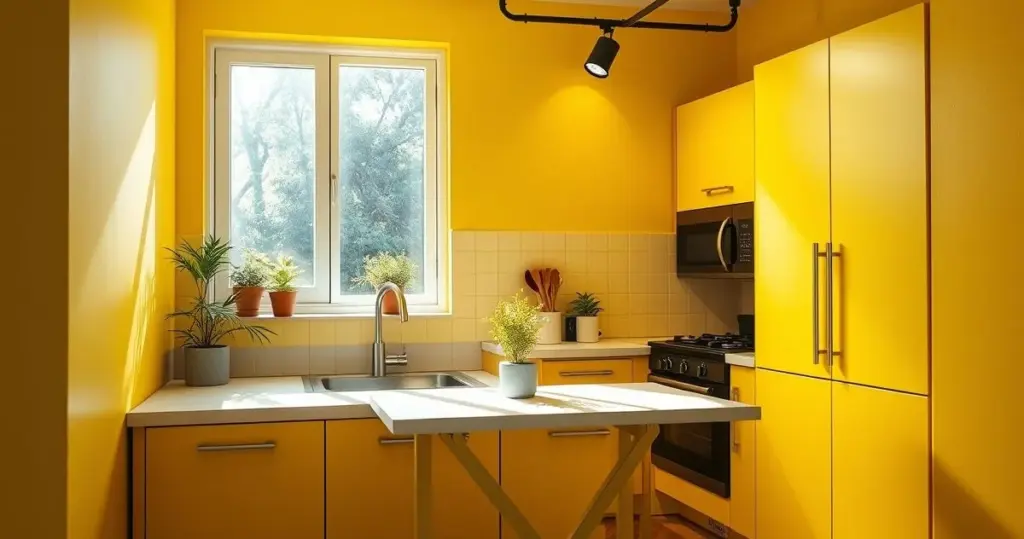 decoração de cozinha com paredes amarelas estilo rústico
