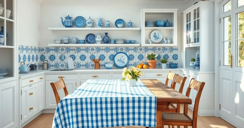 cozinha provençal branca com detalhes em azul