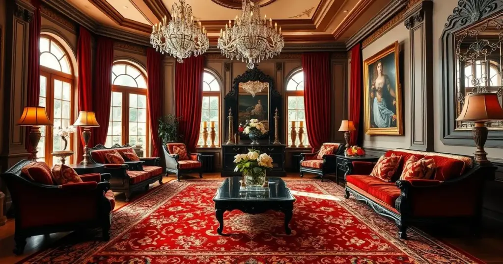 Sala de estar elegante com tapete persa em tons de vermelho e dourado
