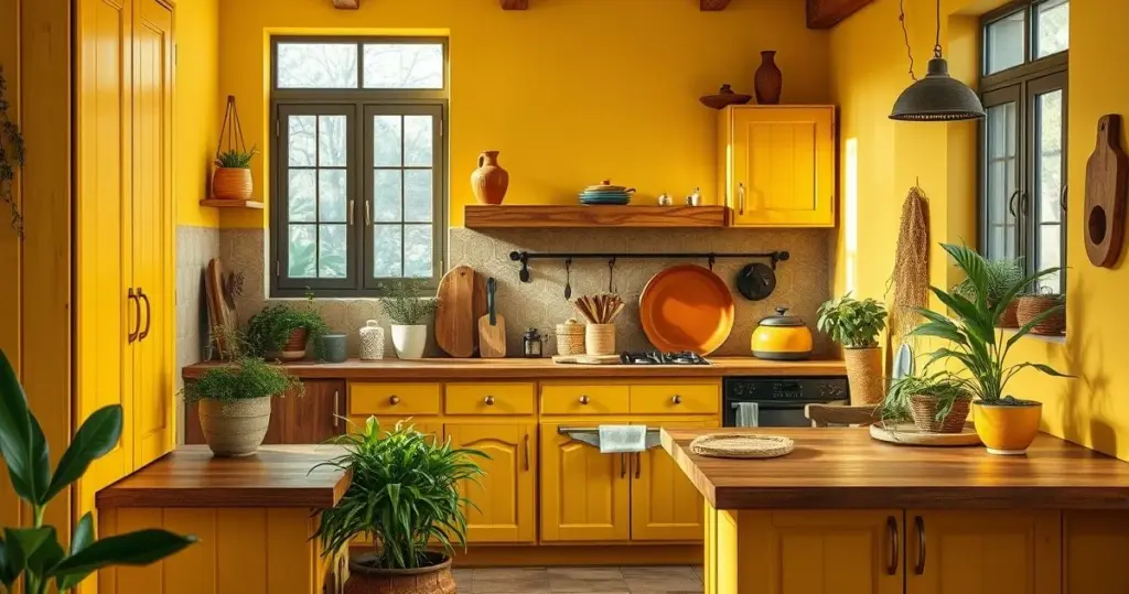 cozinha amarela com madeira rústica