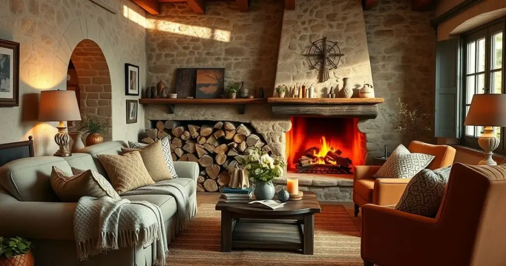 sala de estar provençal com lareira