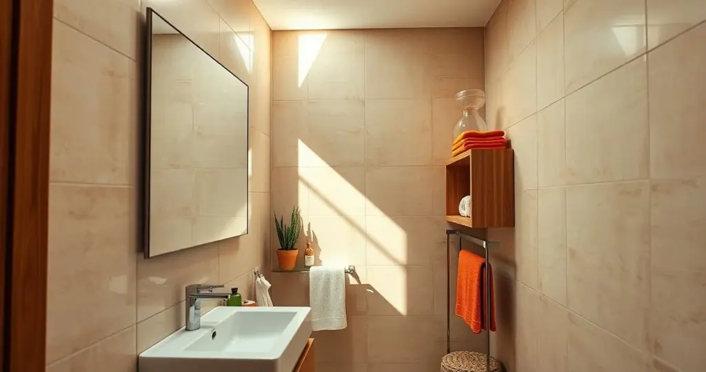 decoração de banheiro apartamento pequeno com revestimento claro