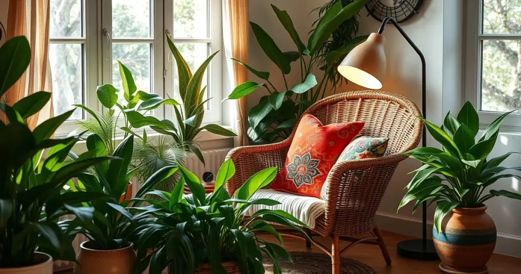 decoração com móveis boho chic com plantas