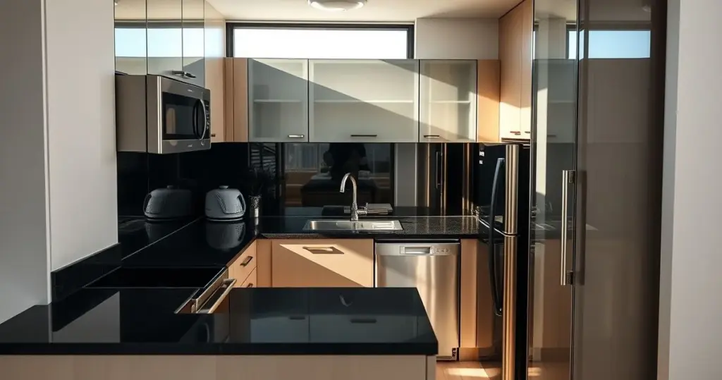 Imagem realista de uma cozinha planejada para apartamento pequeno