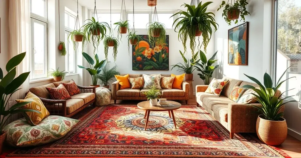 Sala de estar vibrante com tapete colorido em estilo boho