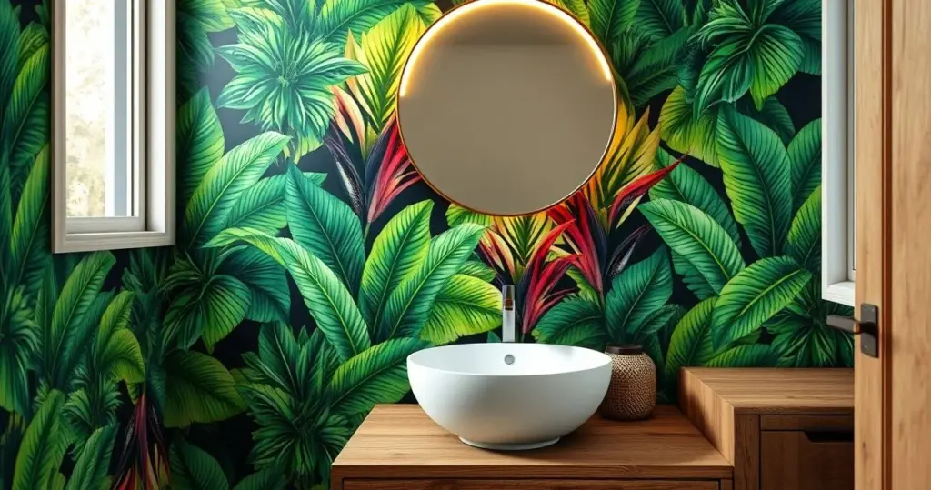 papel de parede lavável para lavabo com espelho