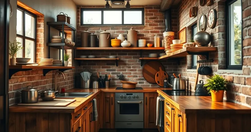 Fotografia realista de uma cozinha planejada com estilo rústico moderno