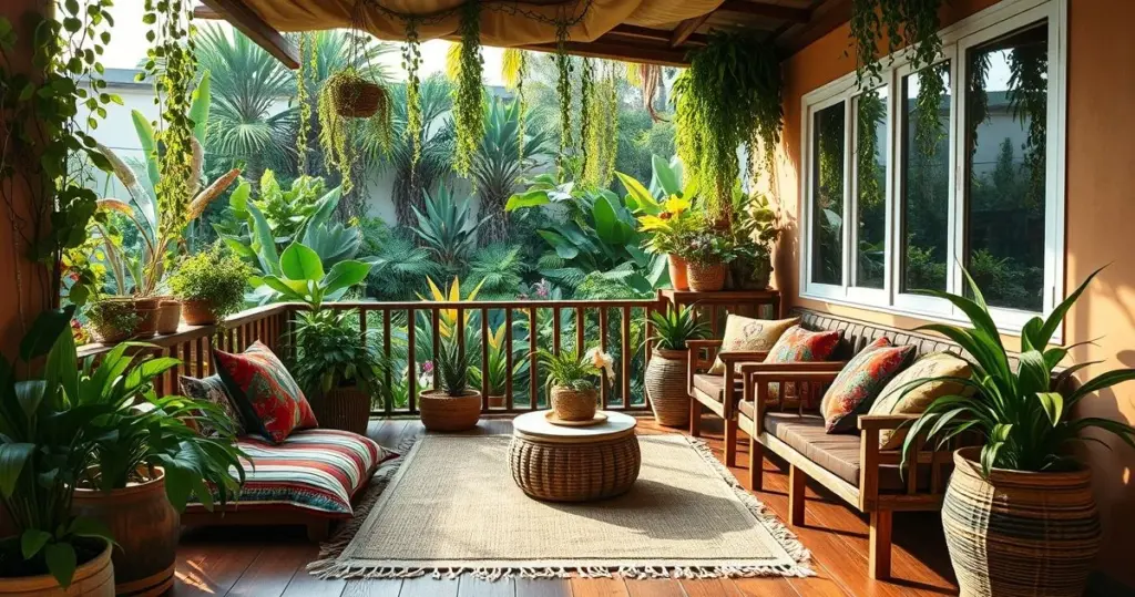 decoração com móveis boho chic varanda