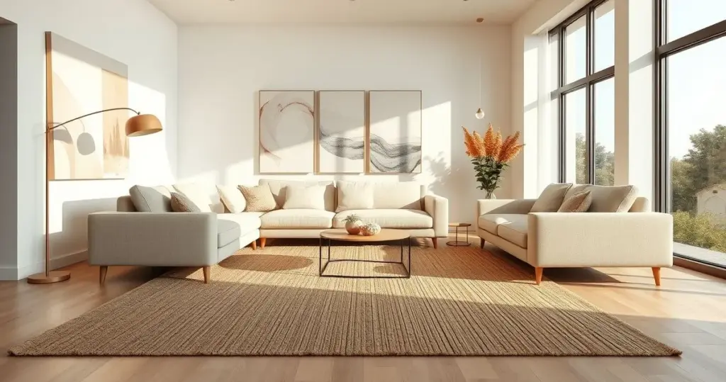Sala de estar minimalista com tapete de sisal
