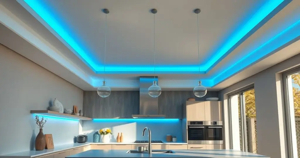 cozinha com sanca de gesso invertida e iluminação indireta