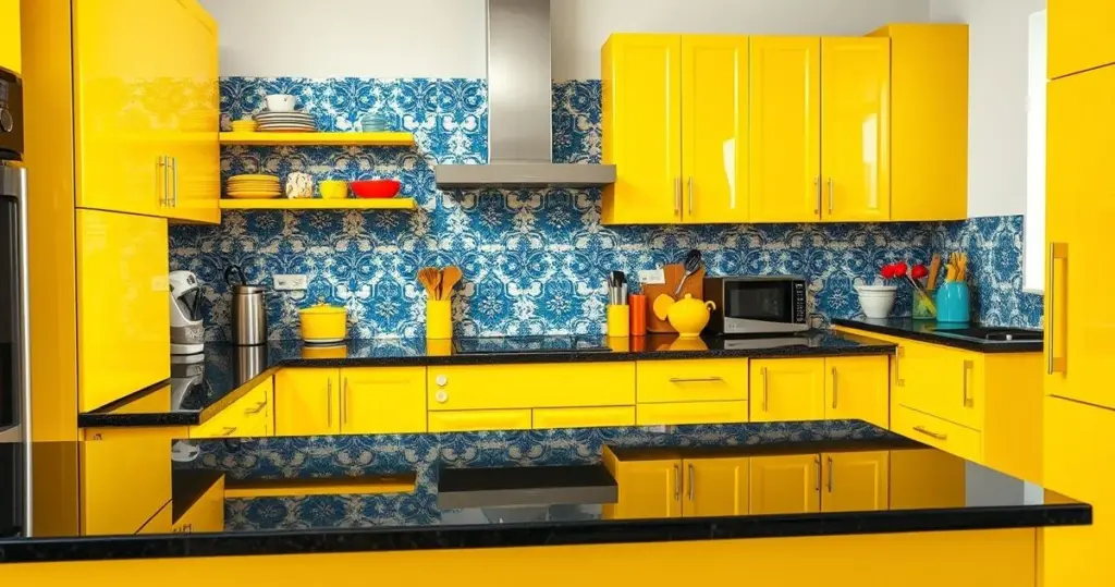 cozinha amarela com azulejos decorados