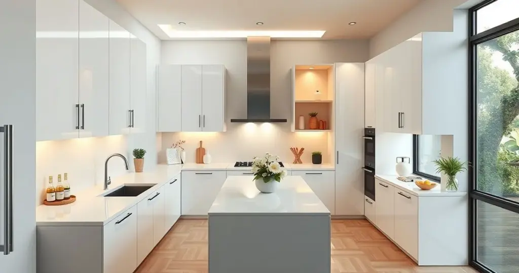 Imagem realista de uma cozinha planejada minimalista