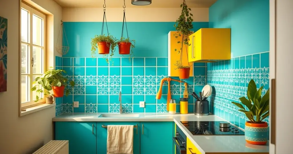 Foto realista de uma cozinha planejada com cores vibrantes