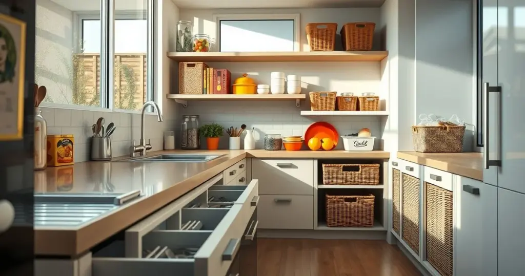 Fotografia realista de uma cozinha planejada com foco em organização
