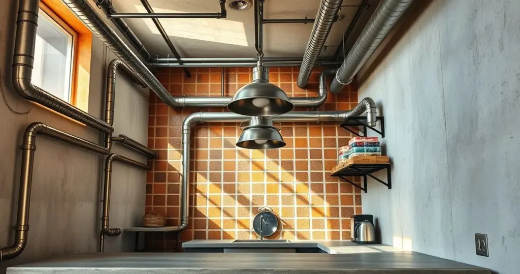Imagem realista de uma cozinha planejada com estilo industrial