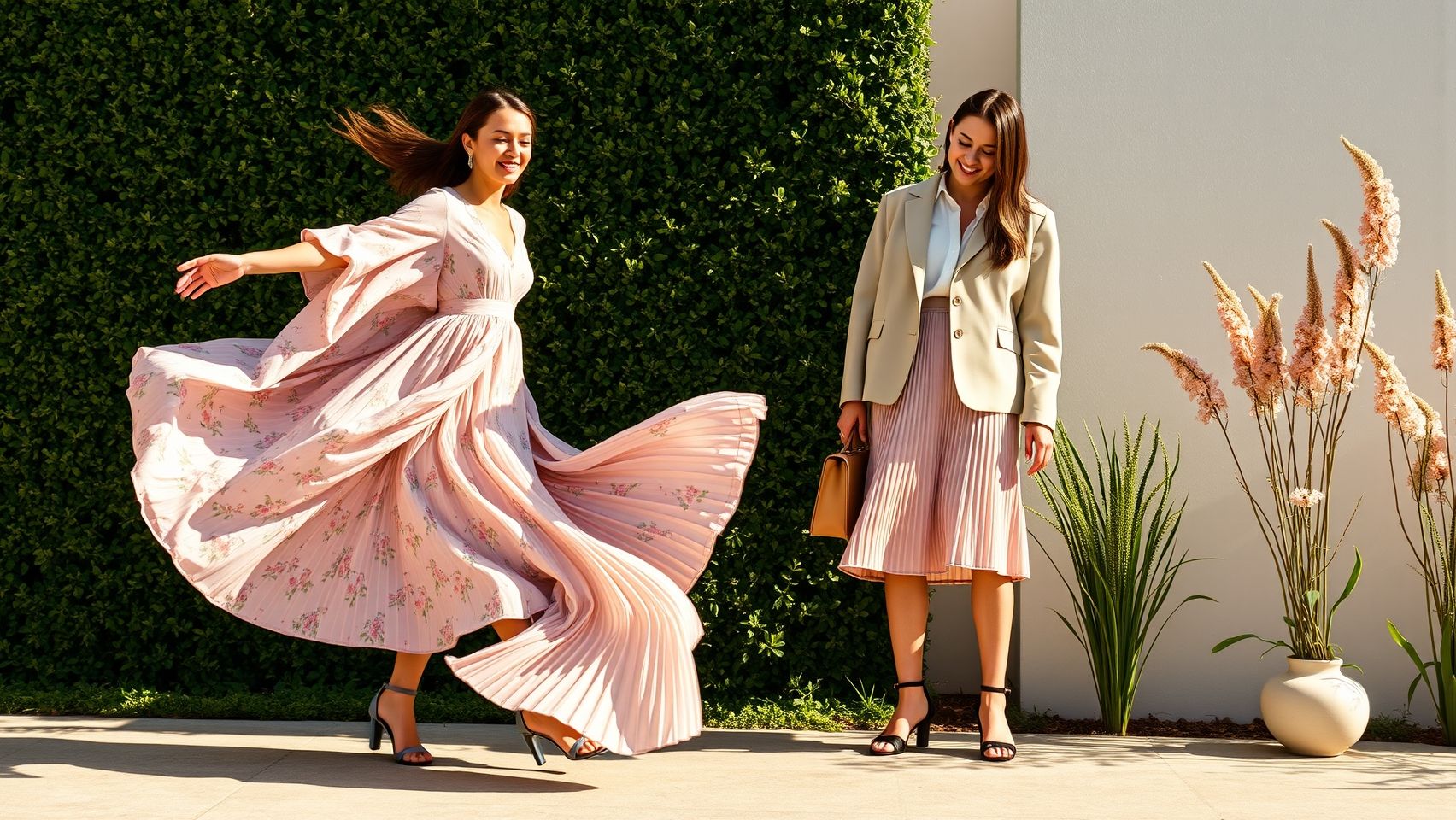 Peças chave para a primavera verão 2026: Vestidos fluidos, saias midi, calças de alfaiataria e jeans para um guarda-roupa versátil.