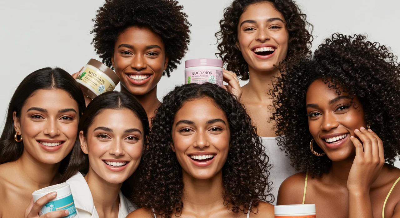 Mulheres brasileiras diversas sorrindo com máscaras de hidratação capilar.