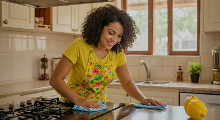 dona de casa brasileira feliz limpando fogao de vidro