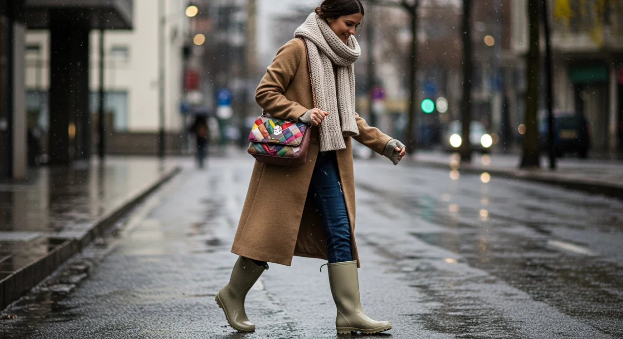 Mulher brasileira estilosa usando galochas pretas e capa de chuva amarela em dia chuvoso em São Paulo