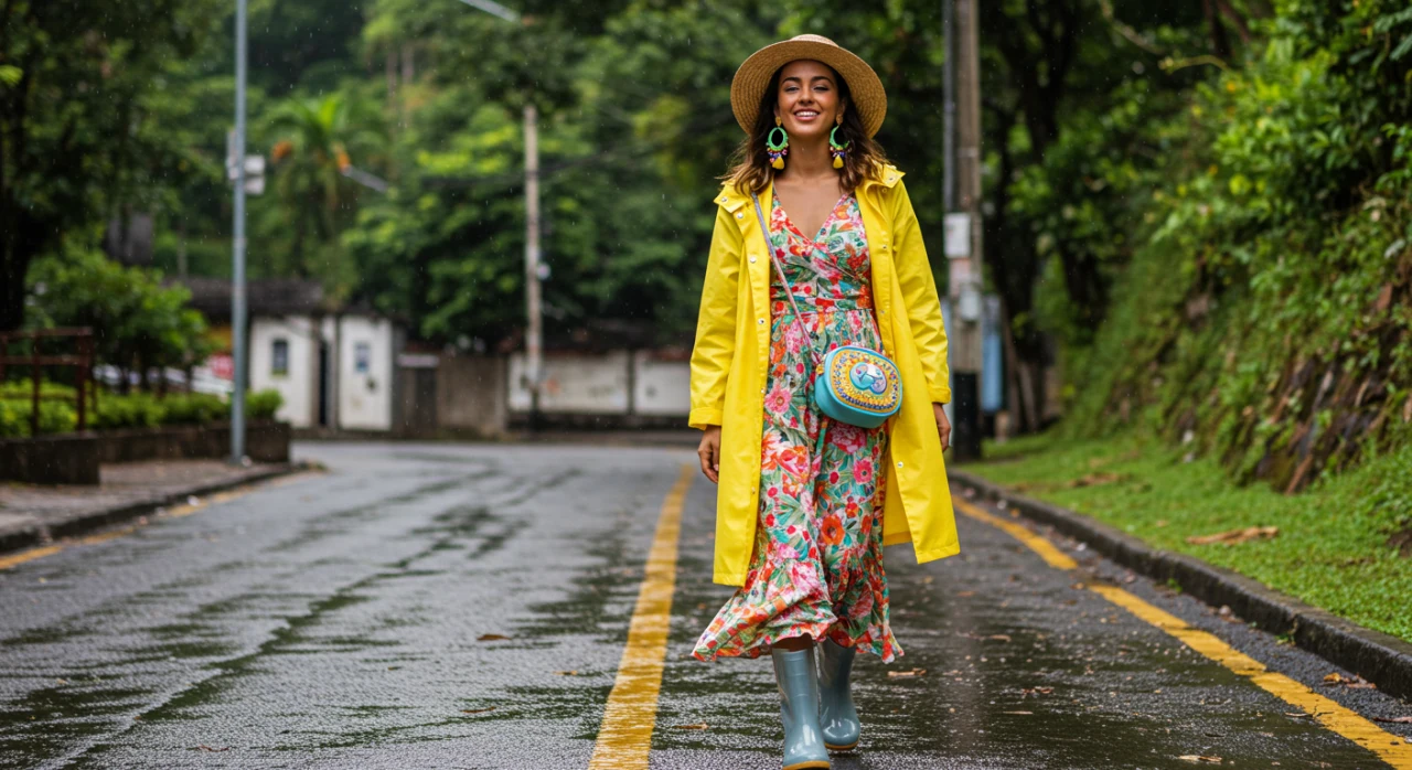 Mulher brasileira estilosa usando galochas pretas e capa de chuva amarela em dia chuvoso em São Paulo