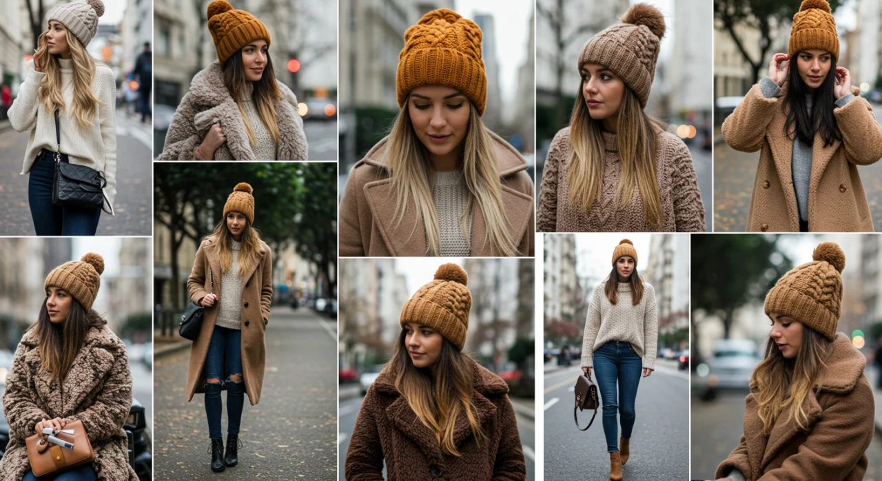 Colagem de looks de inverno com toucas: casual, elegante, moderno e romântico.