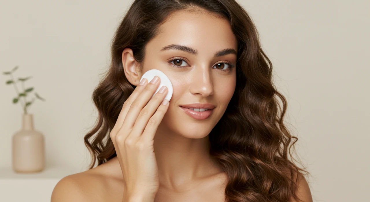 Mulher brasileira limpando o rosto com tônico facial para uma pele radiante.