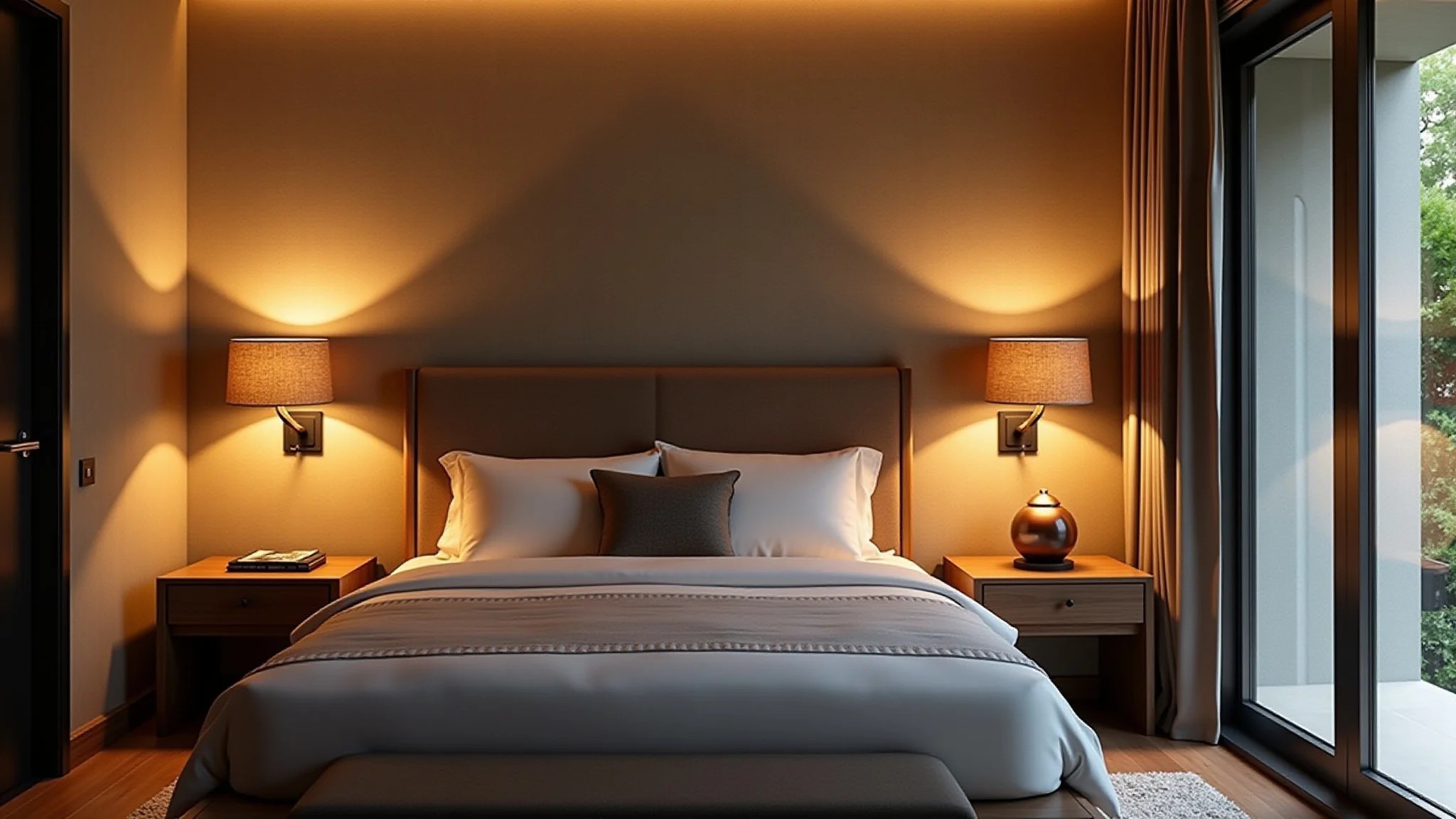 Arandelas com iluminação indireta em parede texturizada de quarto de casal.