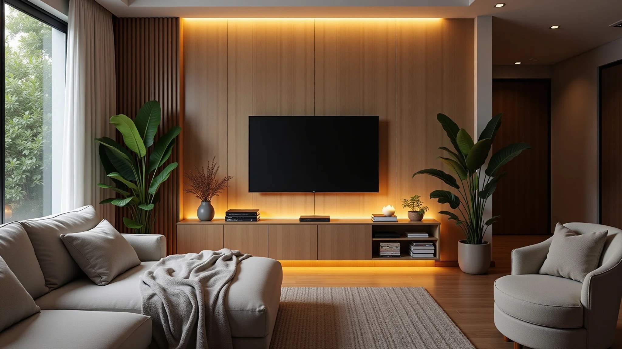 Iluminação indireta atrás do painel da TV, criando ambiente relaxante em sala brasileira.