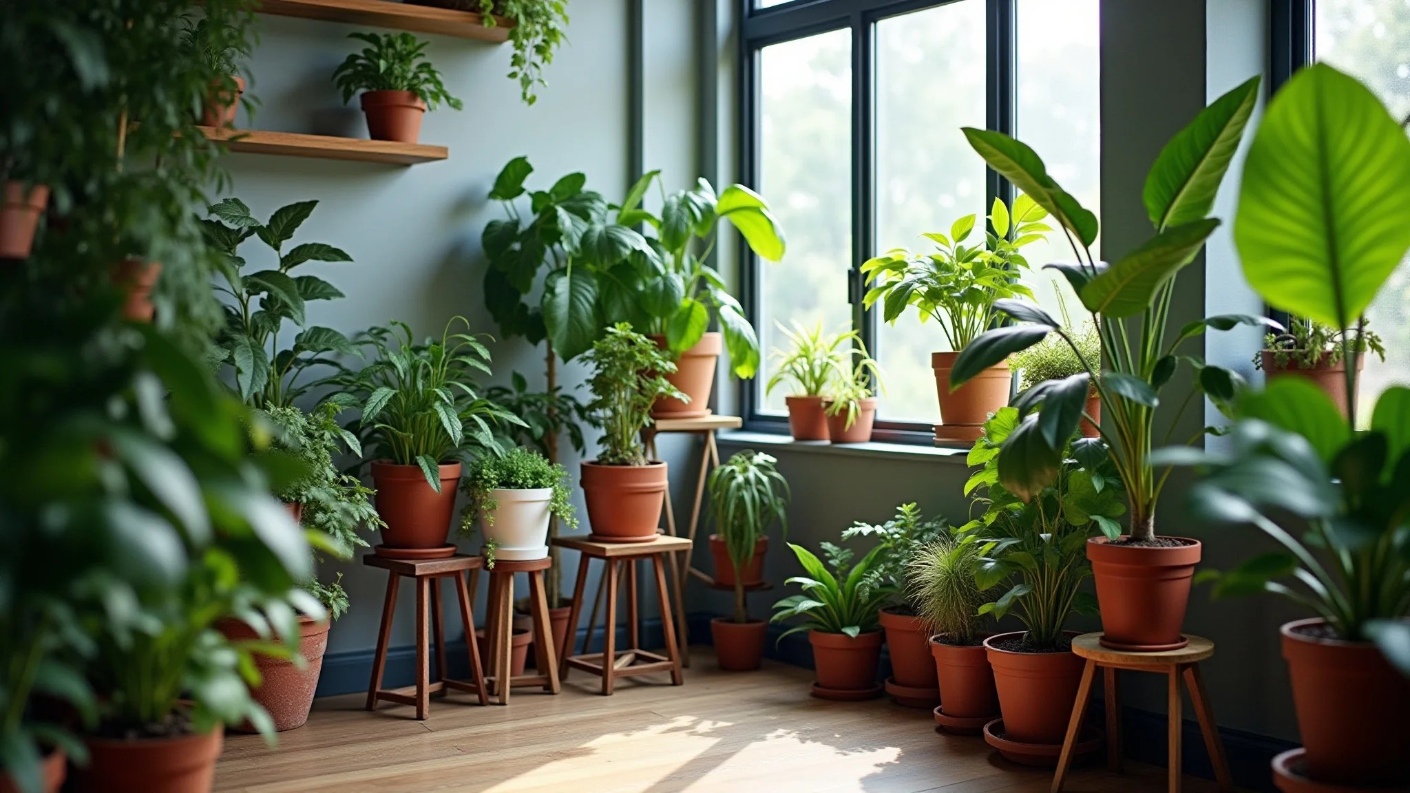Jardim interno com diversos suportes para plantas no chão, estilo Farm Rio.