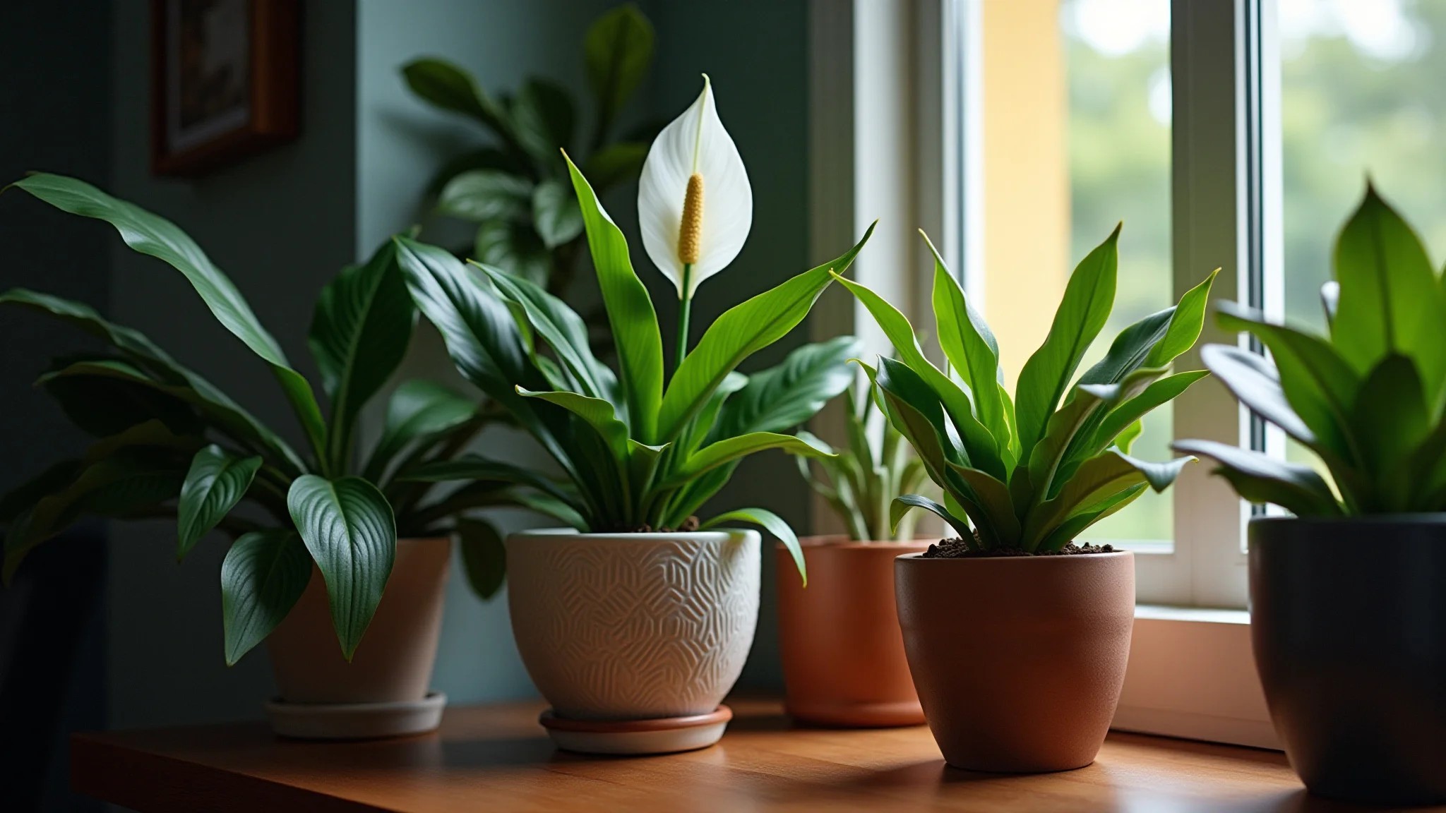 Jardim de inverno com zamioculcas, lírio da paz e espada de São Jorge em vasos estilosos.