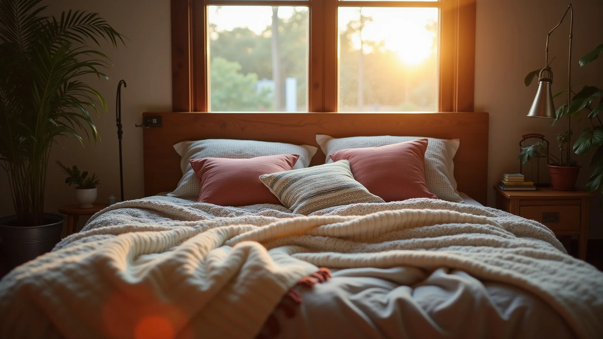 Quarto industrial com cabeceira de madeira, cama de metal e tecidos brasileiros aconchegantes.