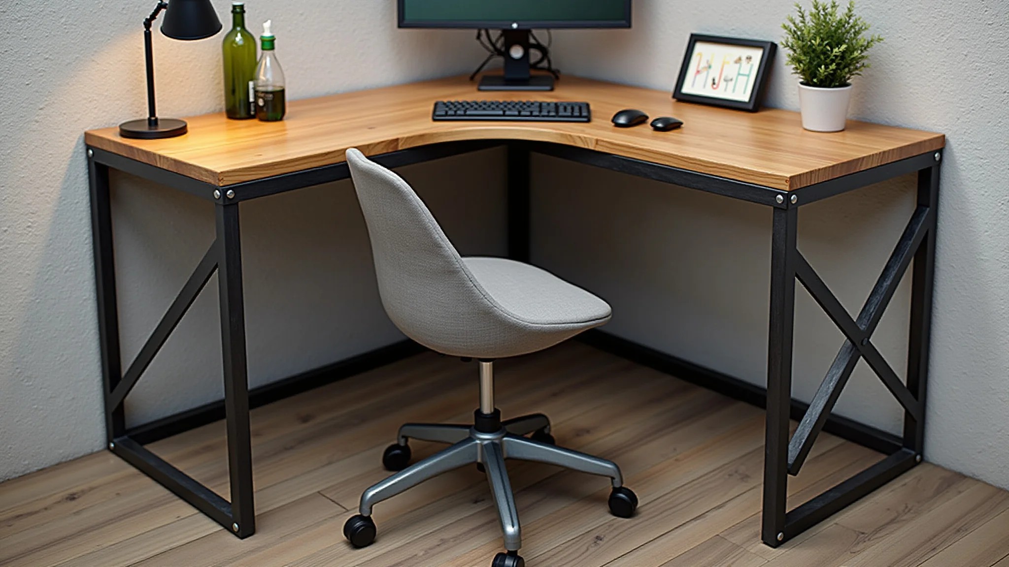 Mesa de canto industrial, metal e madeira, estilo urbano e decoração vintage em espaço criativo.