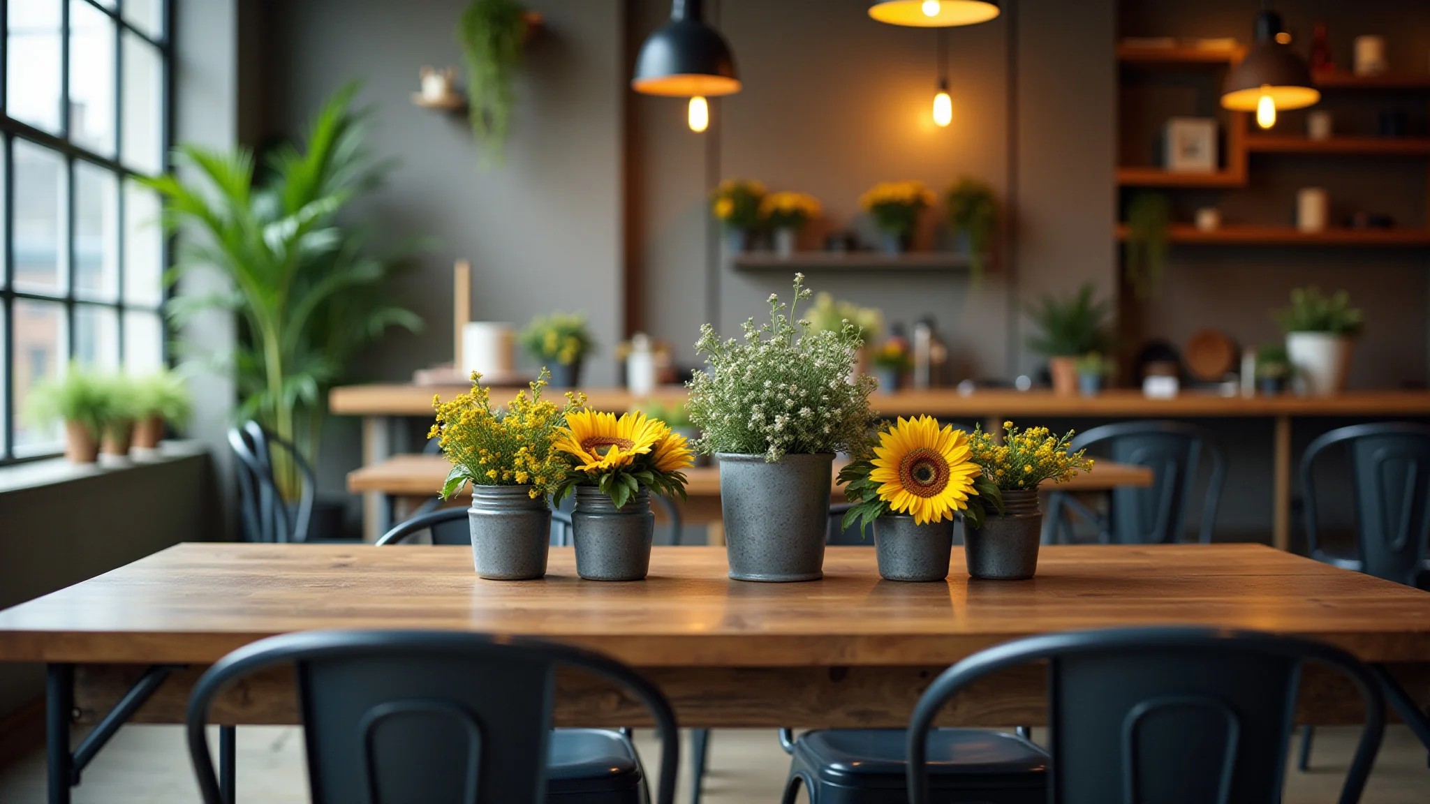 Sala de jantar industrial com cadeiras de metal, mesa de madeira e flores brasileiras.
