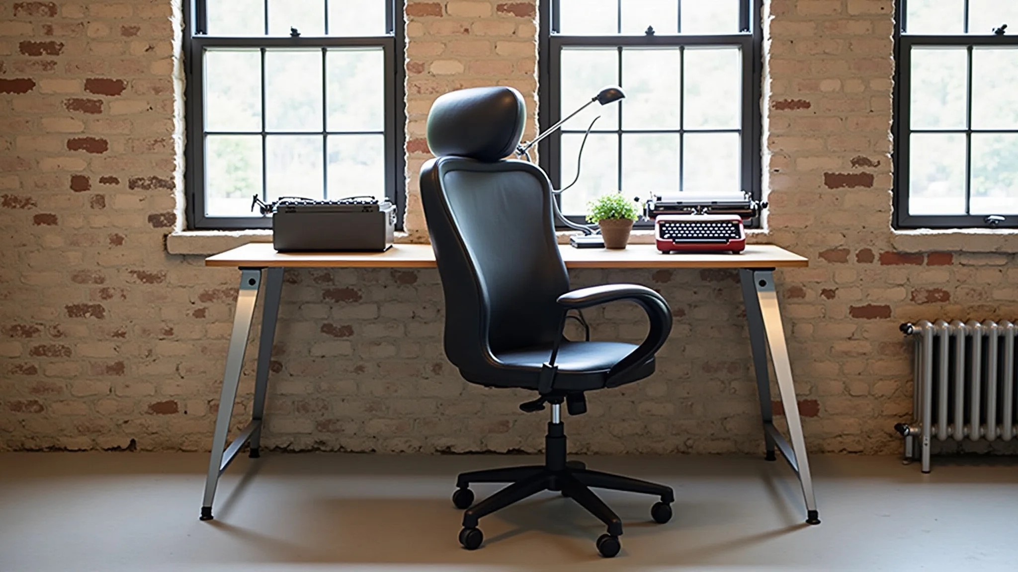 Escritório em casa estilo industrial com mesa de madeira e máquina de escrever vintage.
