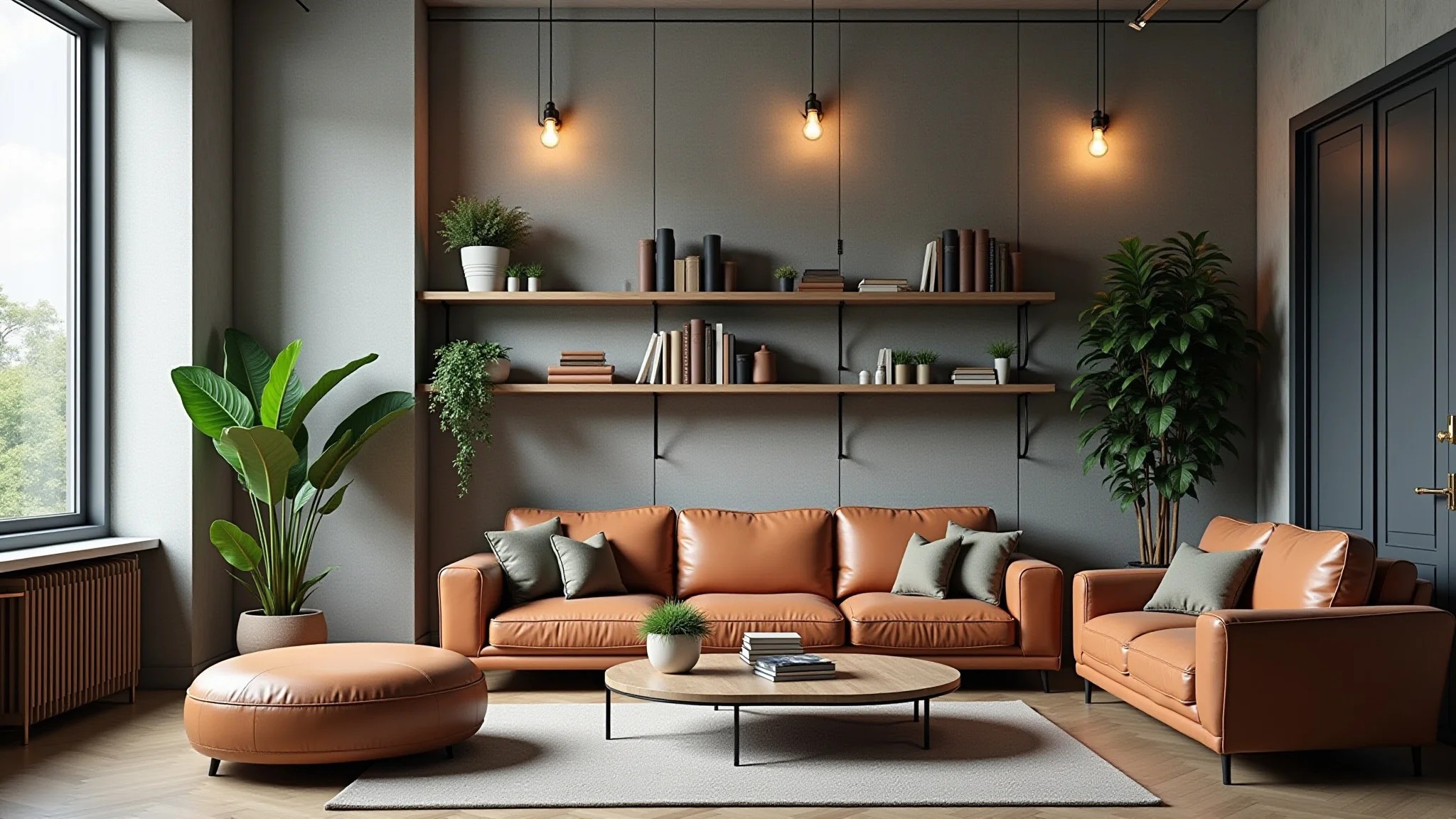 Sala inspirada no estilo industrial com paredes de concreto, estantes de metal e sofá de couro.