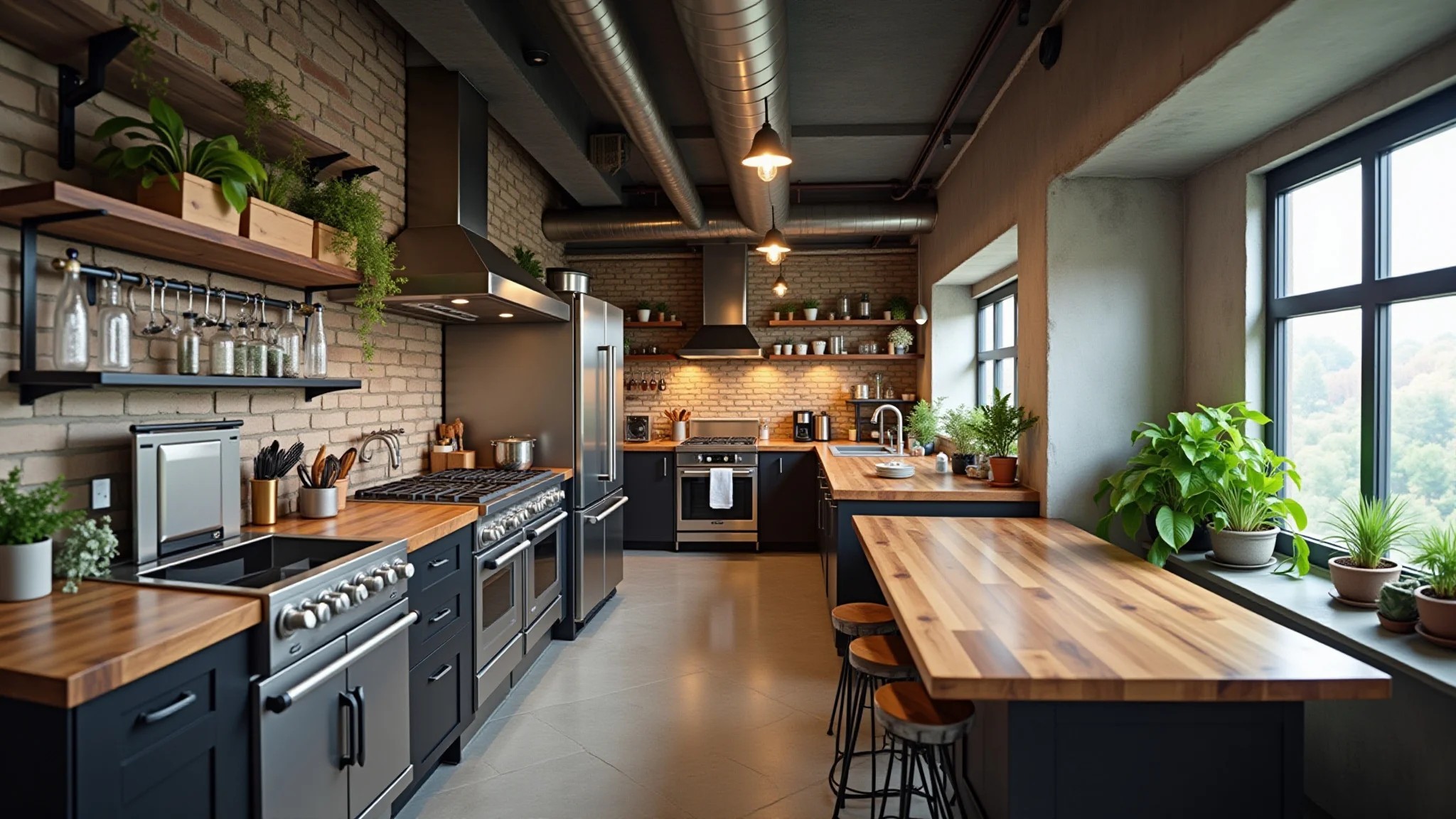Cozinha industrial com eletrodomésticos de aço inoxidável, bancada de madeira e tubulações aparentes.