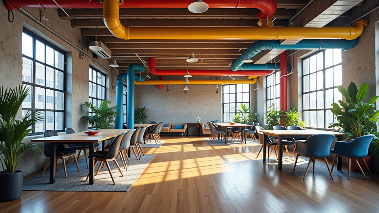 Loft industrial com tubulações aparentes pintadas em cores vibrantes.