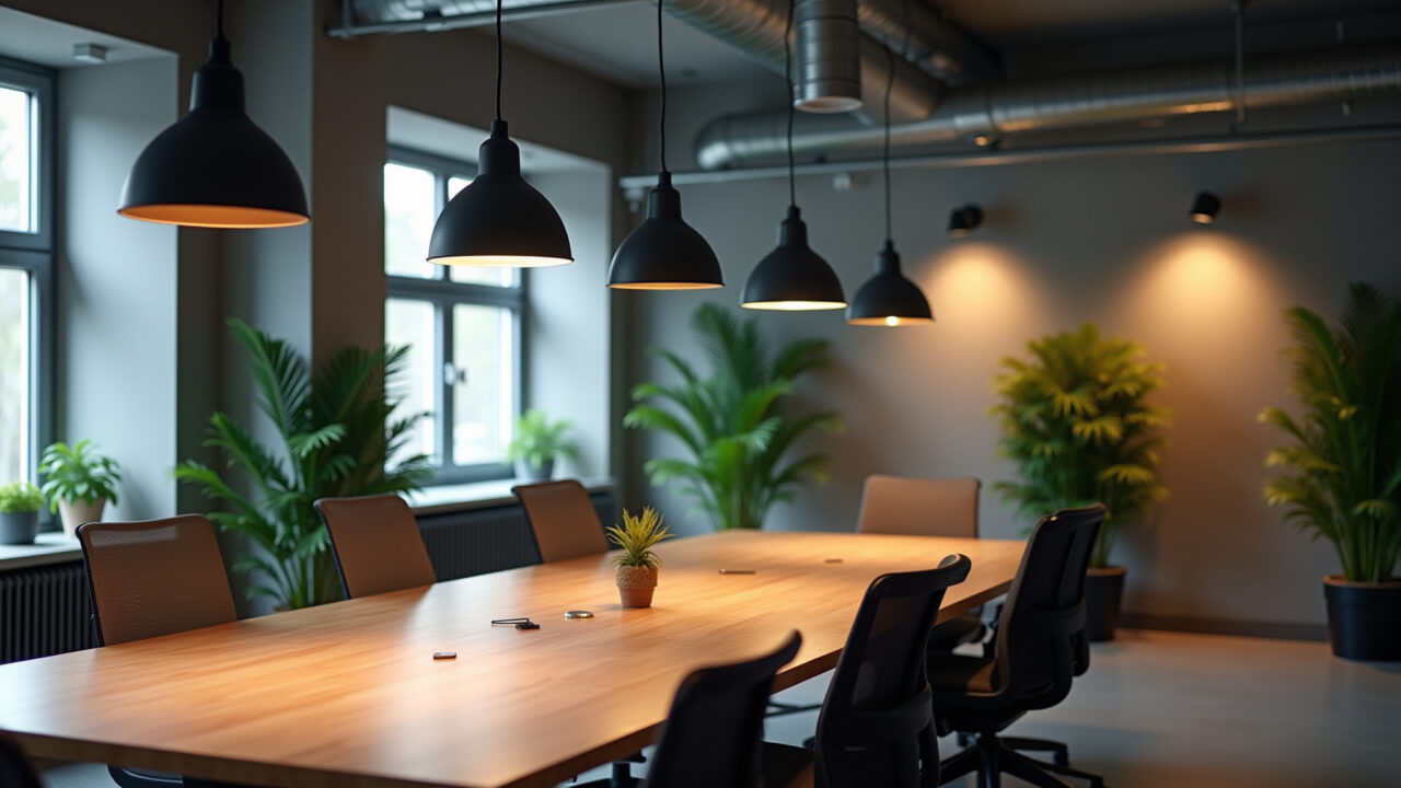 Escritório industrial com iluminação direcionada, cores neutras e plantas.