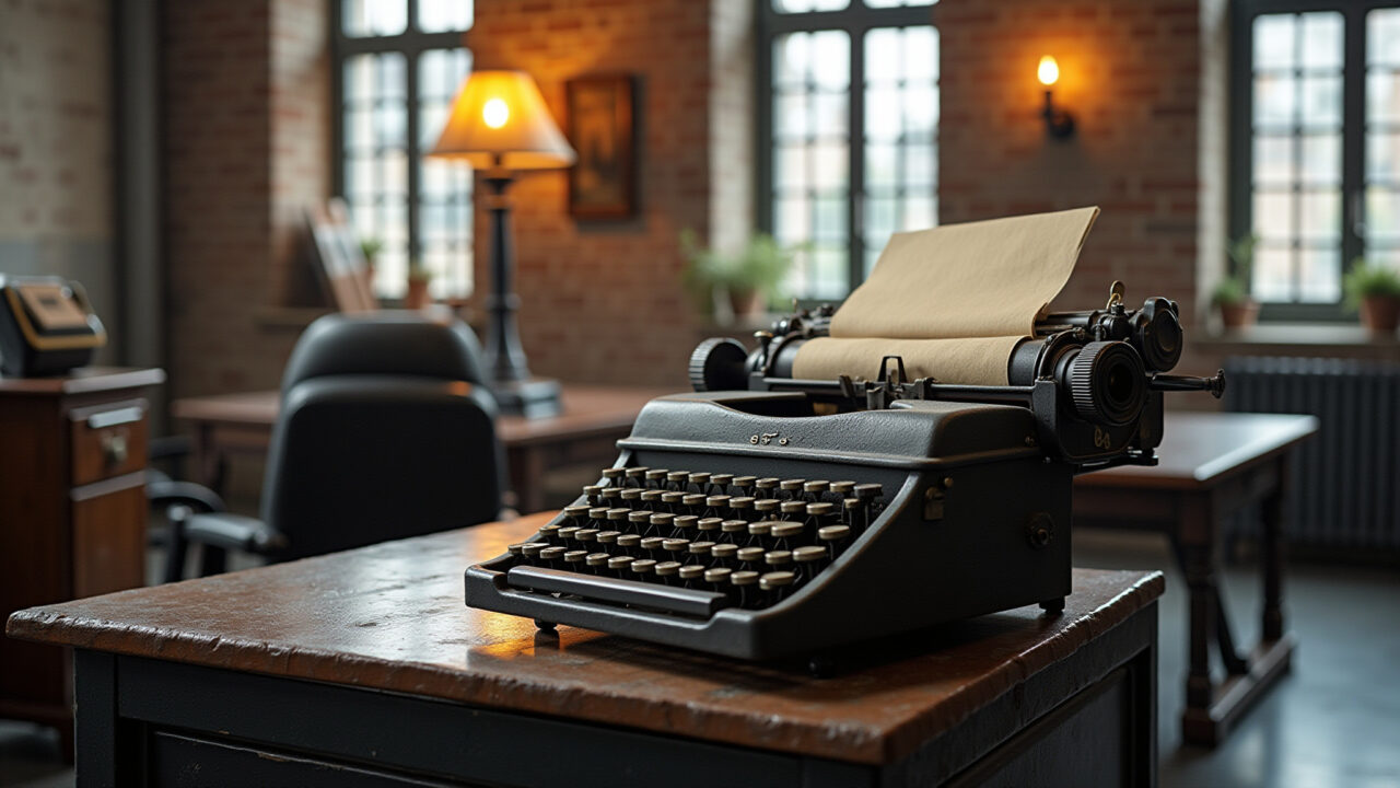 Escritório industrial com máquina de escrever vintage e telefone antigo.
