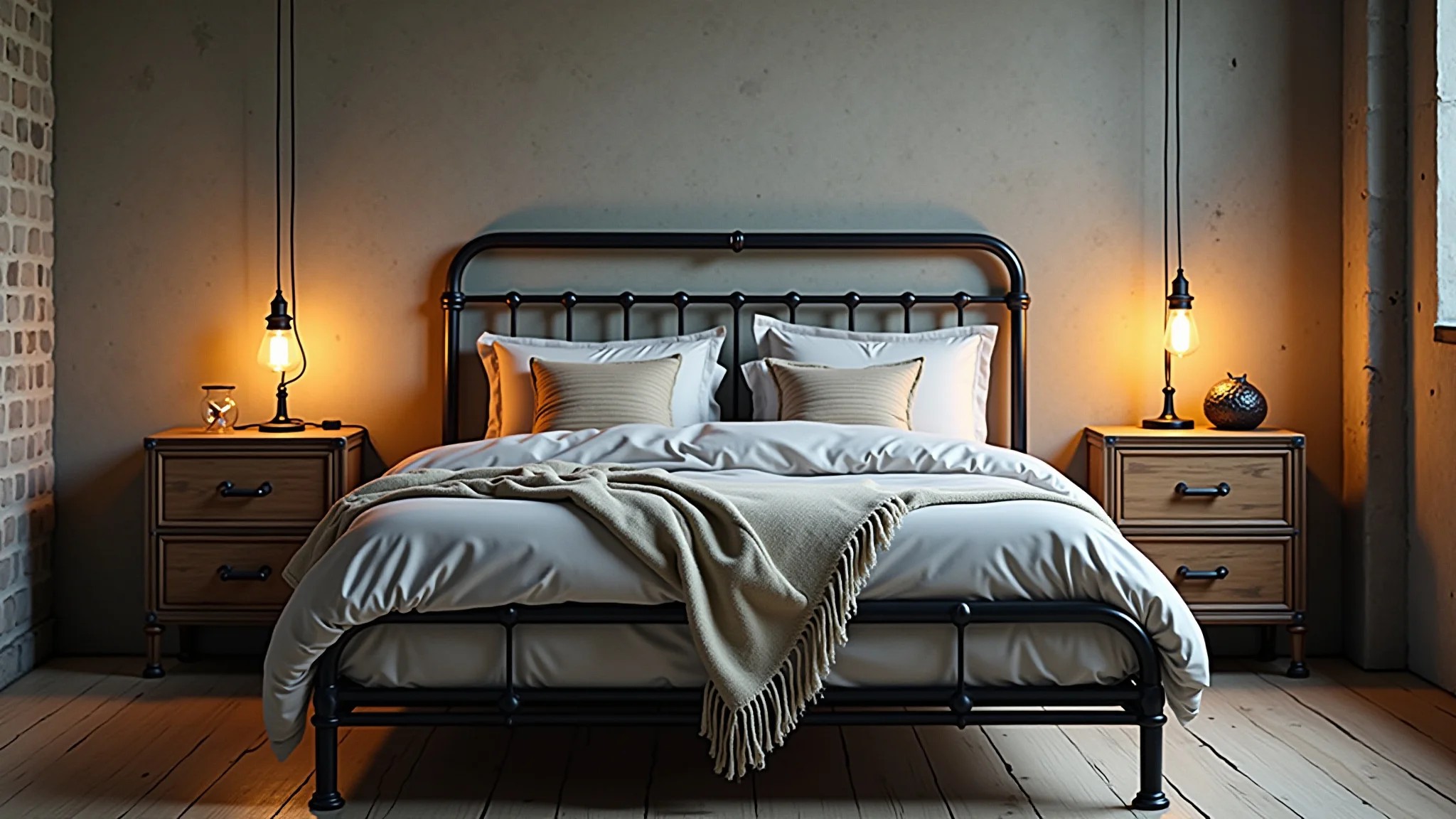 Quarto estilo industrial com cama de metal, parede de concreto e luminária vintage.