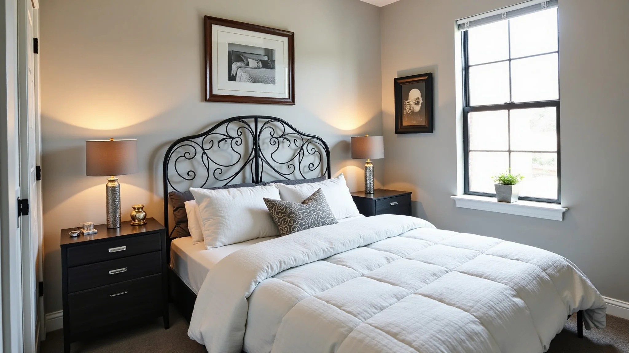 Quarto estilo industrial com cabeceira de ferro preta e decoração urbana.