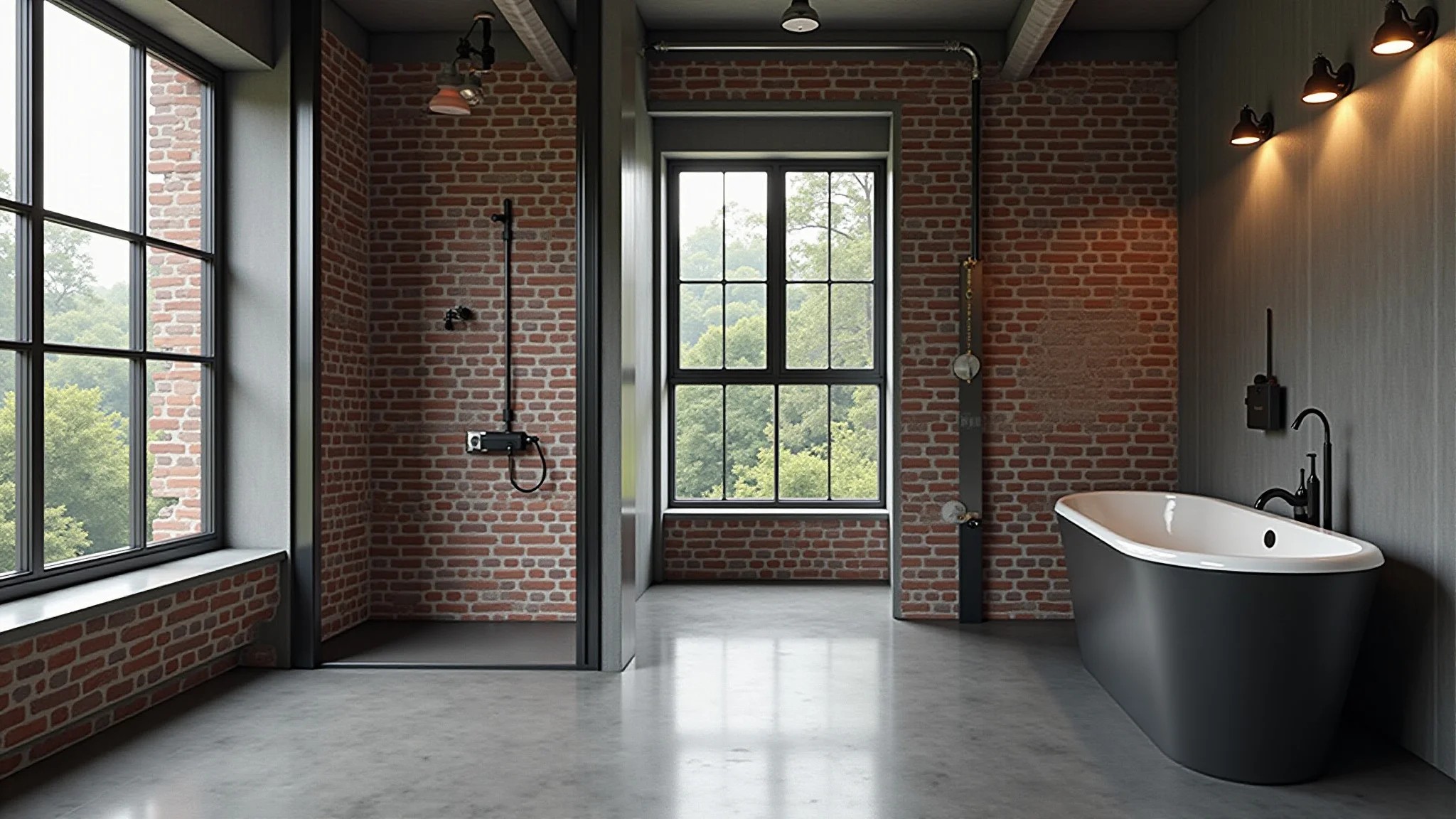 Banheiro industrial em preto e branco com tijolos aparentes e tubulação de cobre.