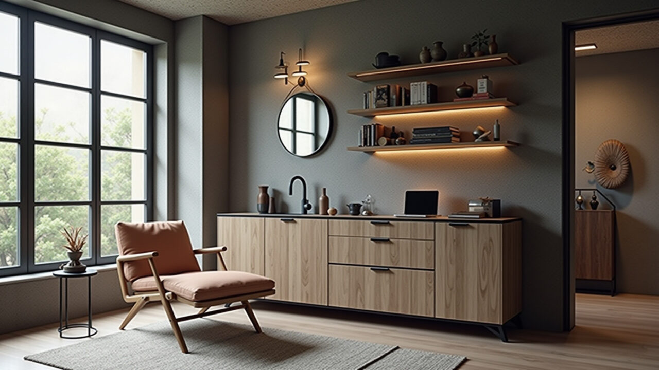 Industrial style cabinet with metal pulls in a modern Brazilian loft, professional photography, Armário estilo industrial com puxadores de metal em loft brasileiro.