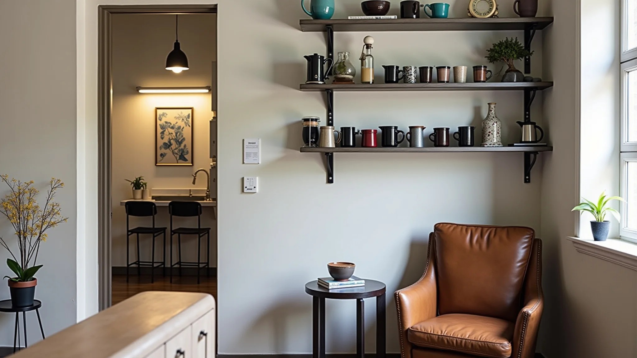 Cantinho do café estilo industrial com prateleiras de metal, poltrona de couro e arte brasileira.