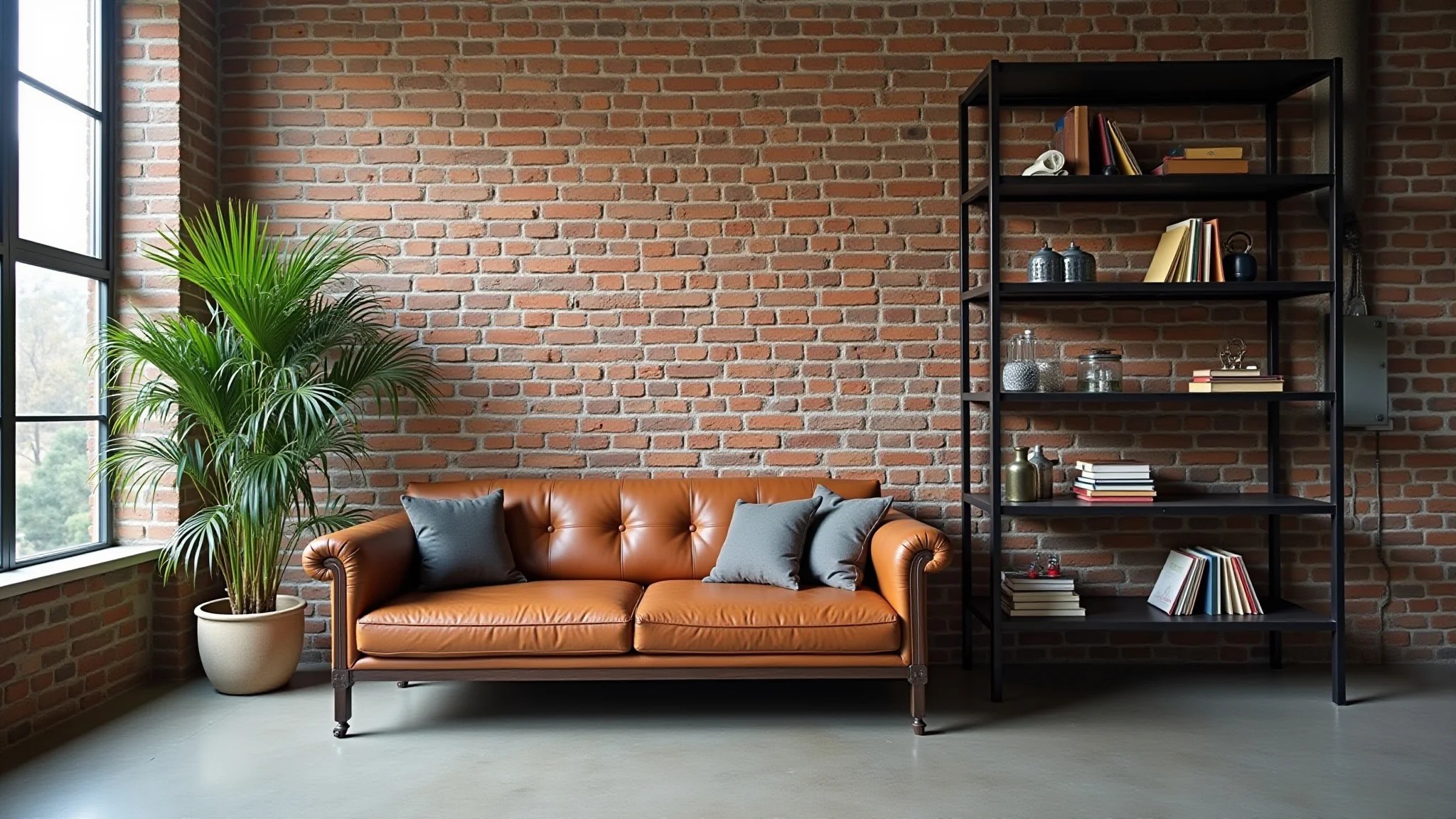 Sala de estar estilo industrial com parede de tijolos aparentes, estantes de metal e sofá de couro.