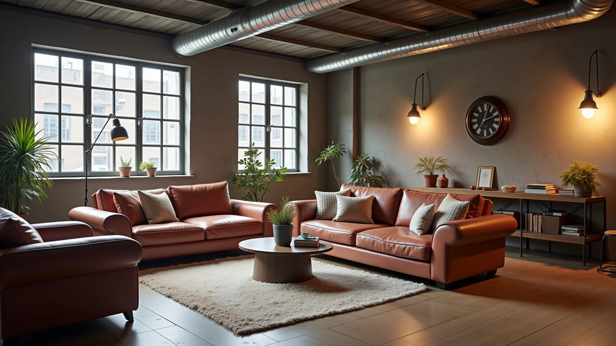 Sala em estilo industrial com dutos aparentes, decoração vintage e luminárias de metal.
