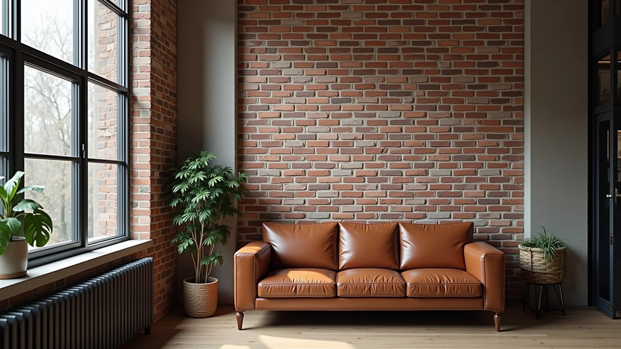 Sala estilo industrial com sofá de couro marrom, parede de tijolo e detalhes em metal.