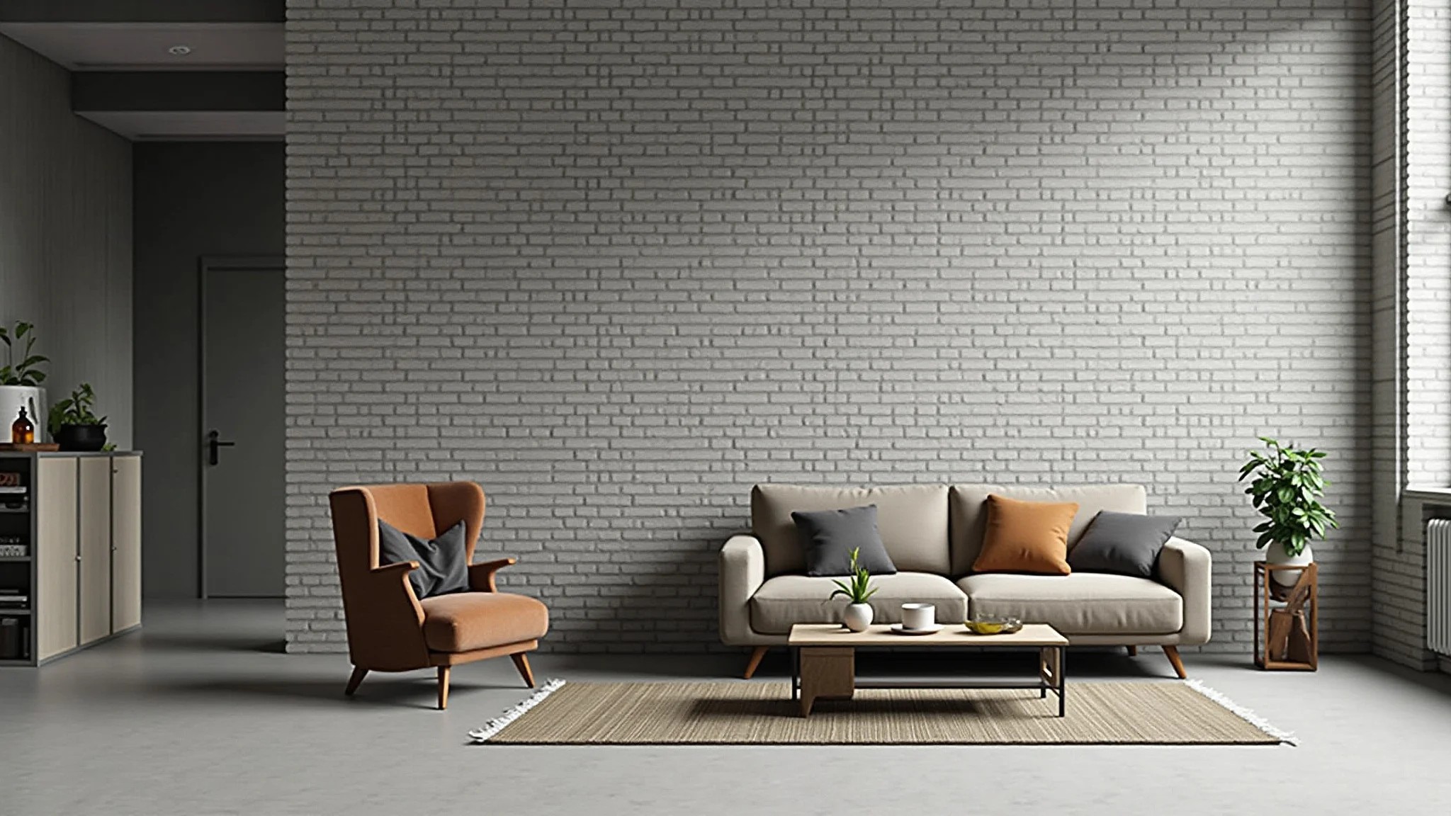 Sala de estar estilo industrial com parede de tijolinho cinza e detalhes em metal.